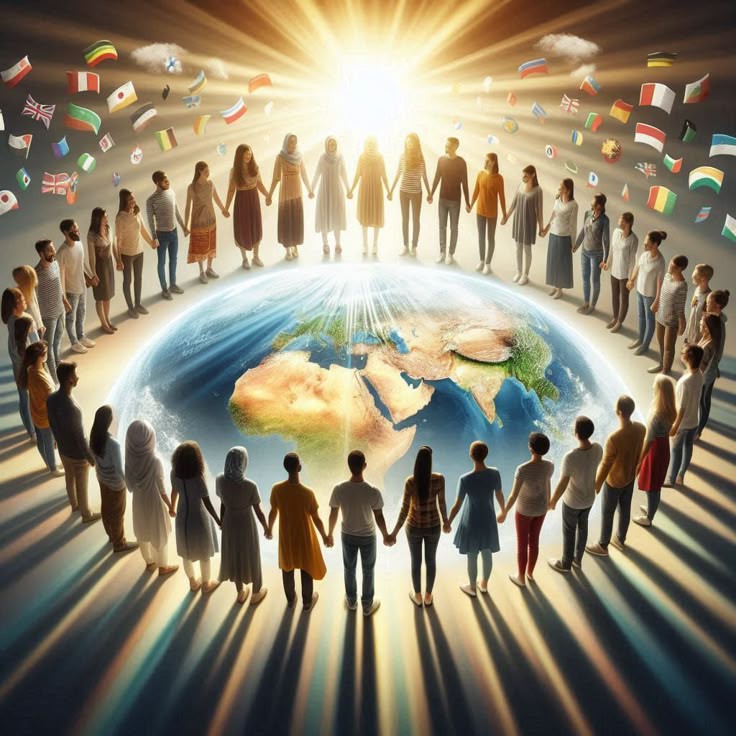 Een groep mensen van over de hele wereld die hand in hand in een cirkel rond de aarde staan, met zonlicht dat op hen schijnt en verschillende nationale vlaggen die in de lucht zweven, symbool voor wereldwijde eenheid en vrede.